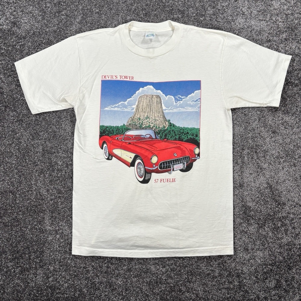 Vintage 90s Devils Tower T-Shirt Size Large National Park Corvette Car Racing